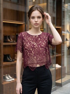Express Wine Lace Crochet Crop Top